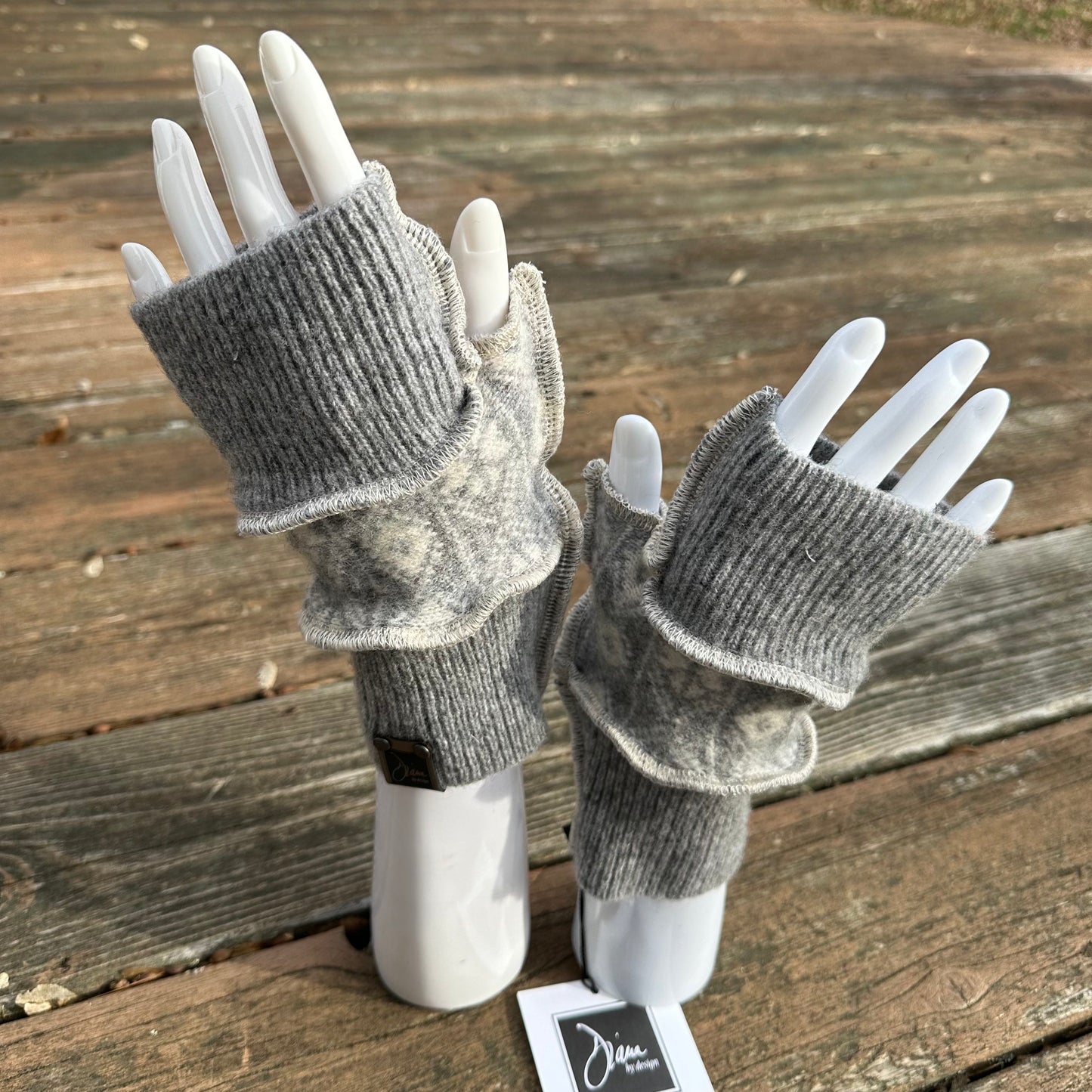 ivory + gray snowflake wool fingerless mittens