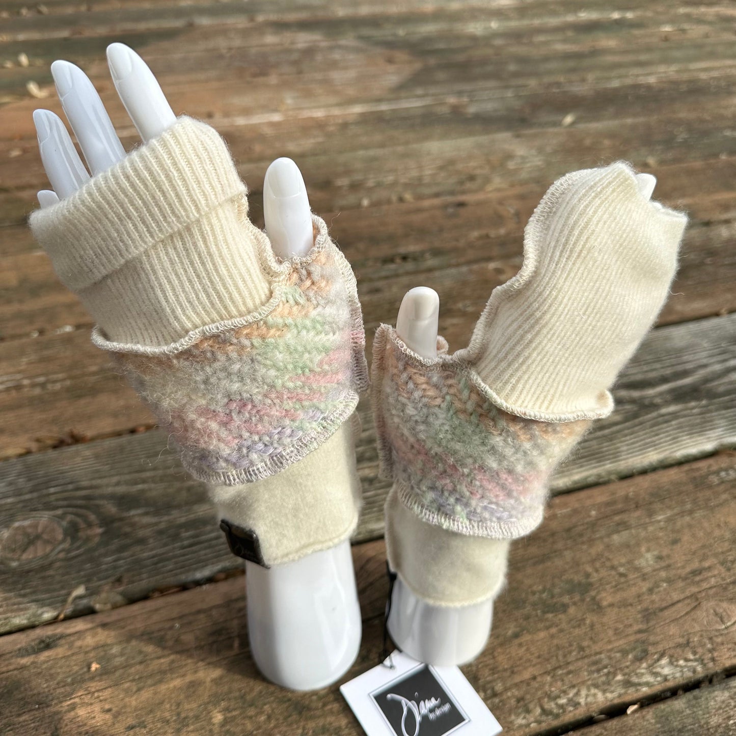 ivory cashmere + pastel weave wool fingerless mittens