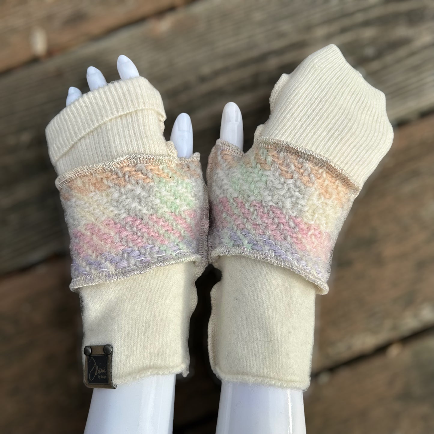 ivory cashmere + pastel weave wool fingerless mittens