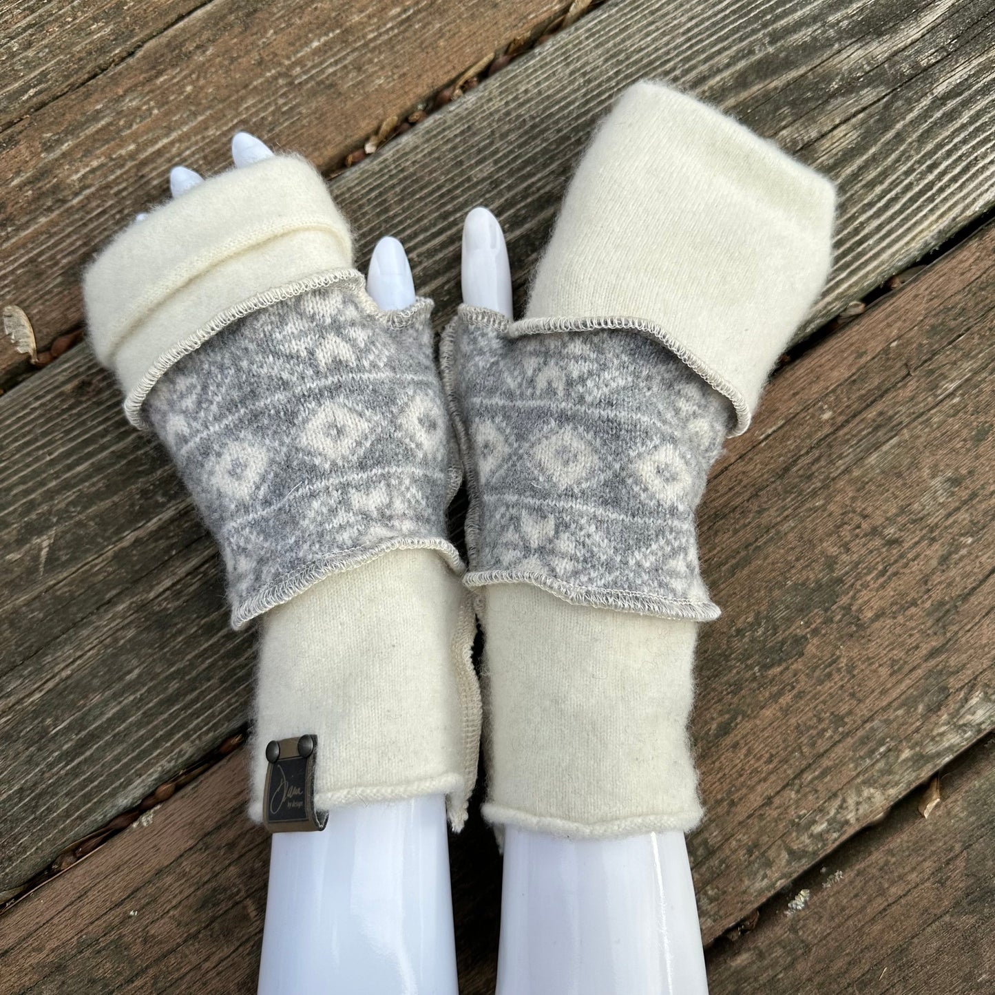 ivory cashmere + gray snowflake wool fingerless mittens