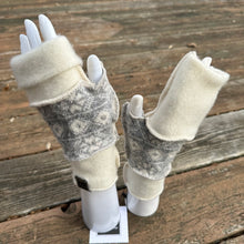 Load image into Gallery viewer, ivory cashmere + gray snowflake wool fingerless mittens
