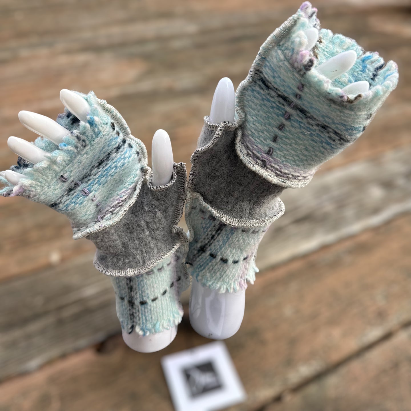 blues, lavender, gray + white weave felted wool fingerless mittens
