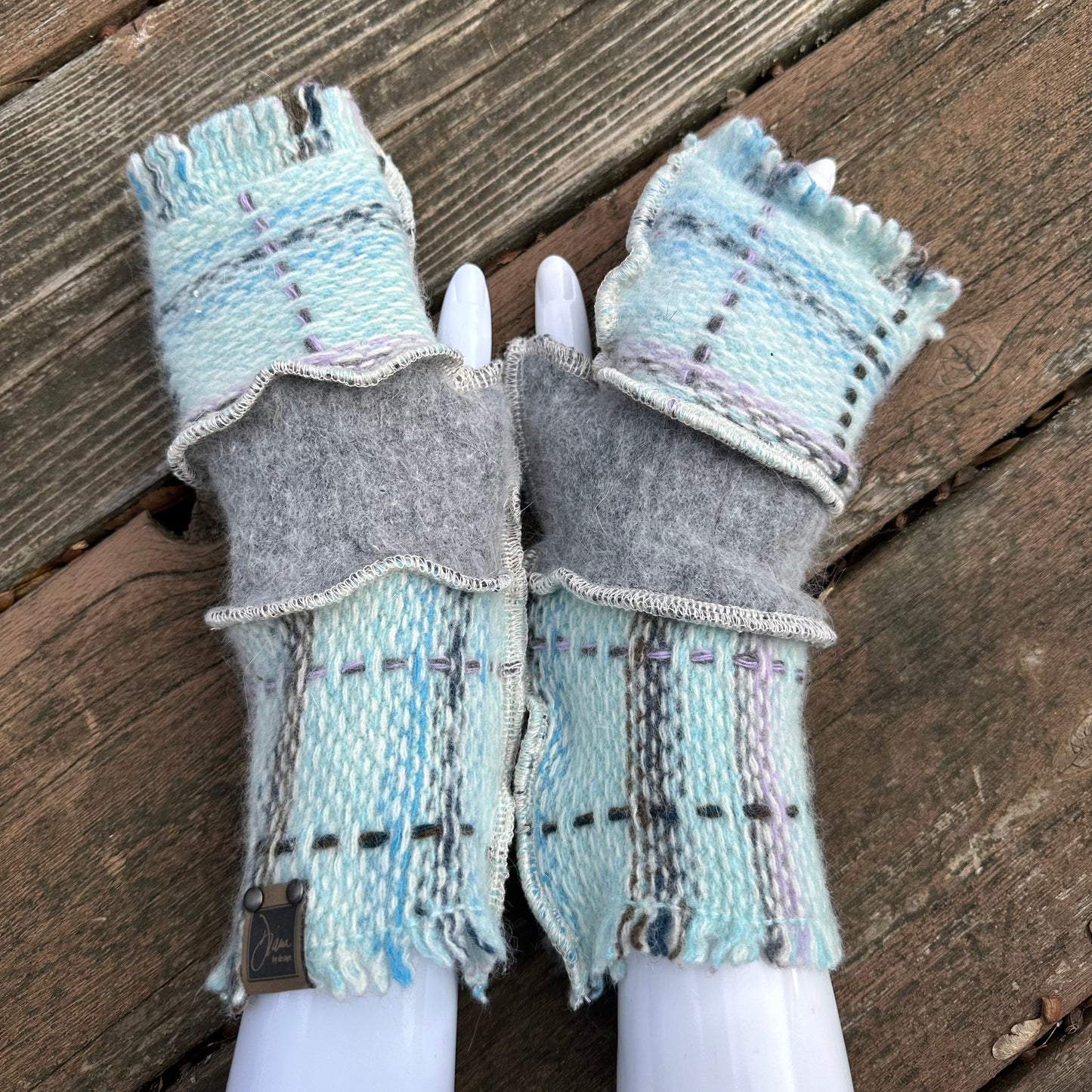 blues, lavender, gray + white weave felted wool fingerless mittens