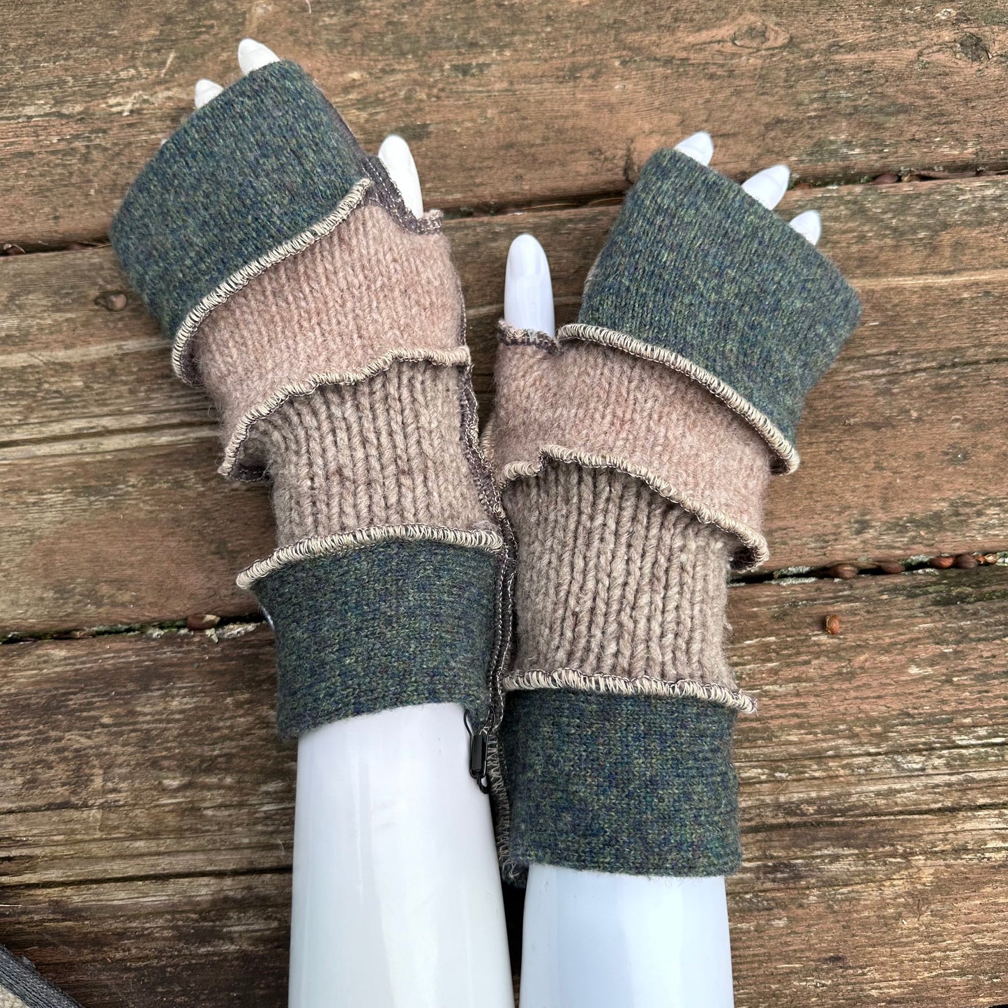 moss green + taupe felted fingerless mittens