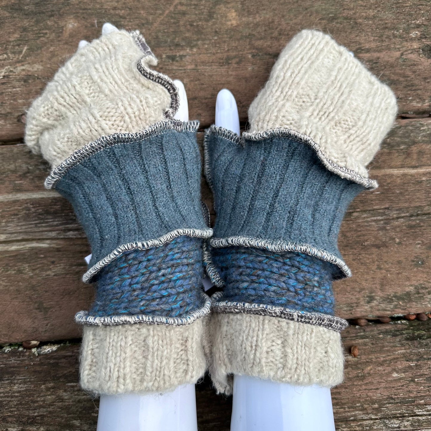 ecru + aqua felted fingerless mittens