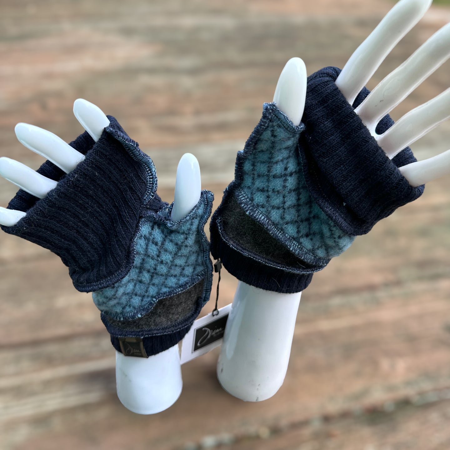 navy + blue check felted fingerless mittens