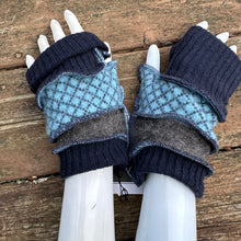 Load image into Gallery viewer, navy + blue check felted fingerless mittens
