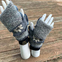 Load image into Gallery viewer, shades of blues daisy felted fingerless mittens
