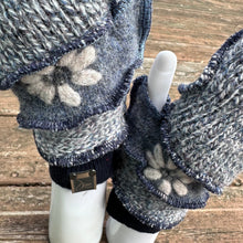 Load image into Gallery viewer, shades of blues daisy felted fingerless mittens
