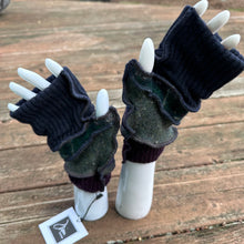 Load image into Gallery viewer, navy, green + burgundy plaid felted fingerless mittens
