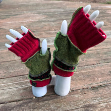 Load image into Gallery viewer, bright green + red fun felted fingerless mittens

