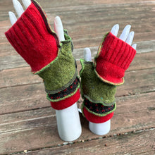 Load image into Gallery viewer, bright green + red fun felted fingerless mittens

