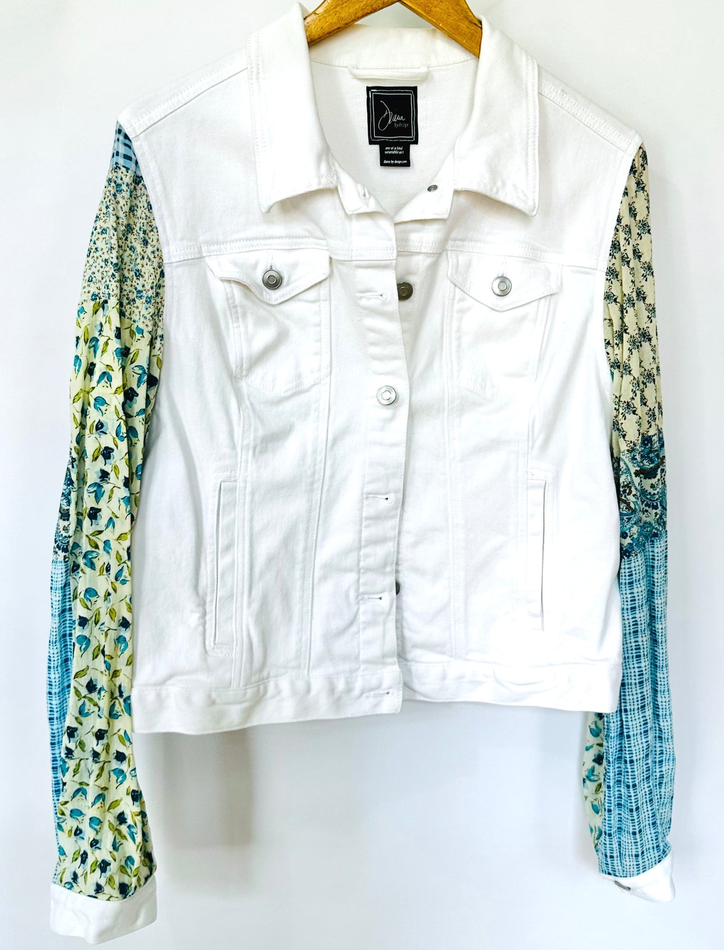 florals + white denim jacket