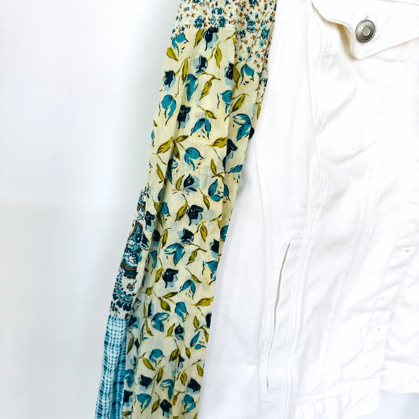 florals + white denim jacket
