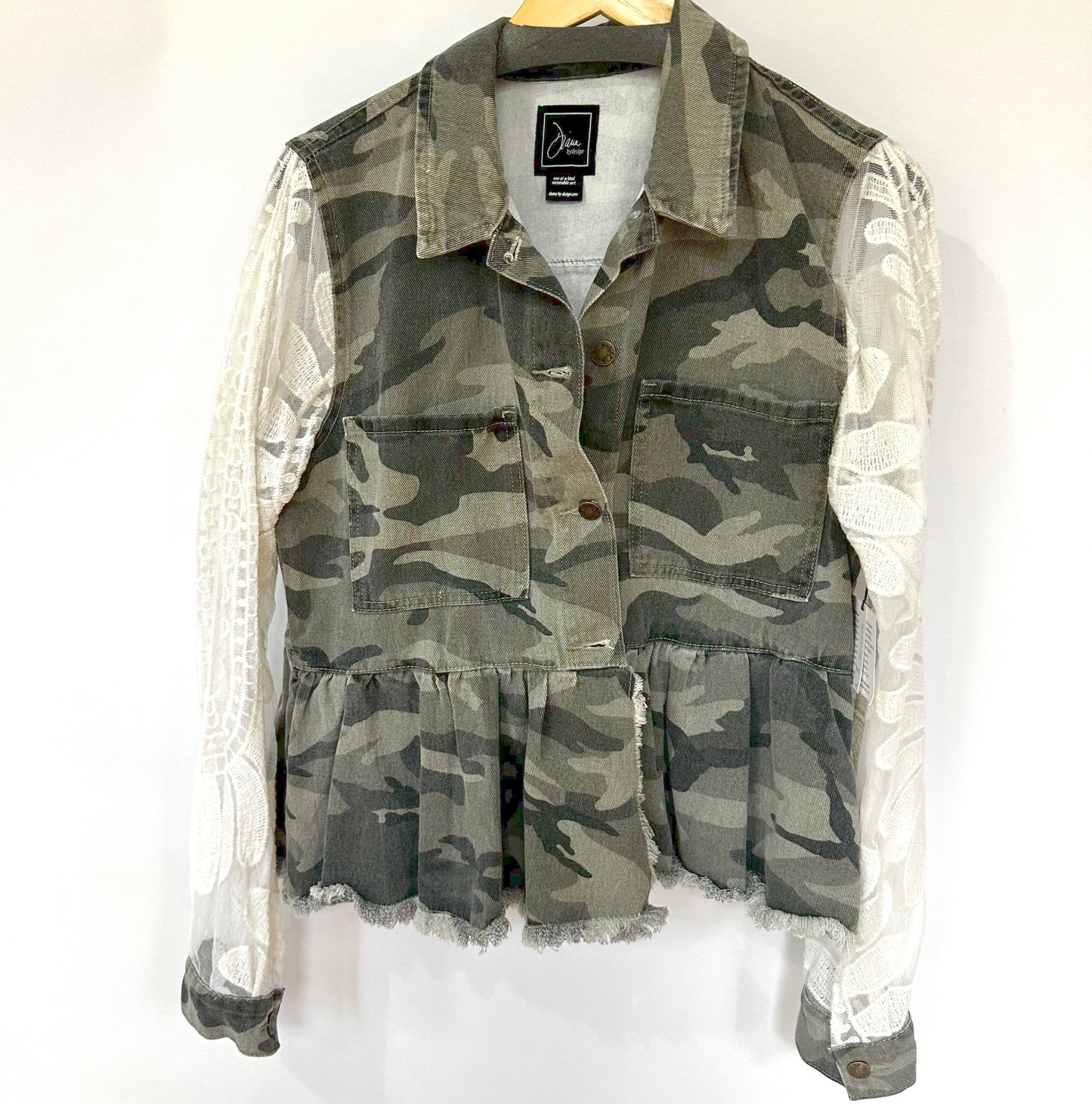 peplum distressed camo + lace