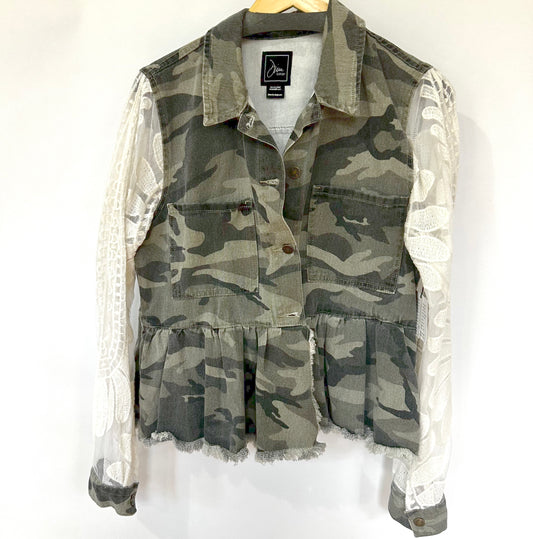 peplum distressed camo + lace