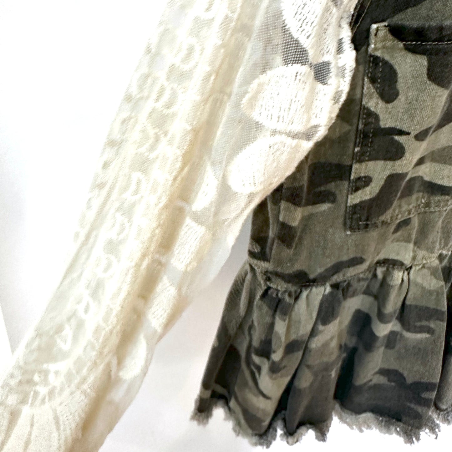 peplum distressed camo + lace