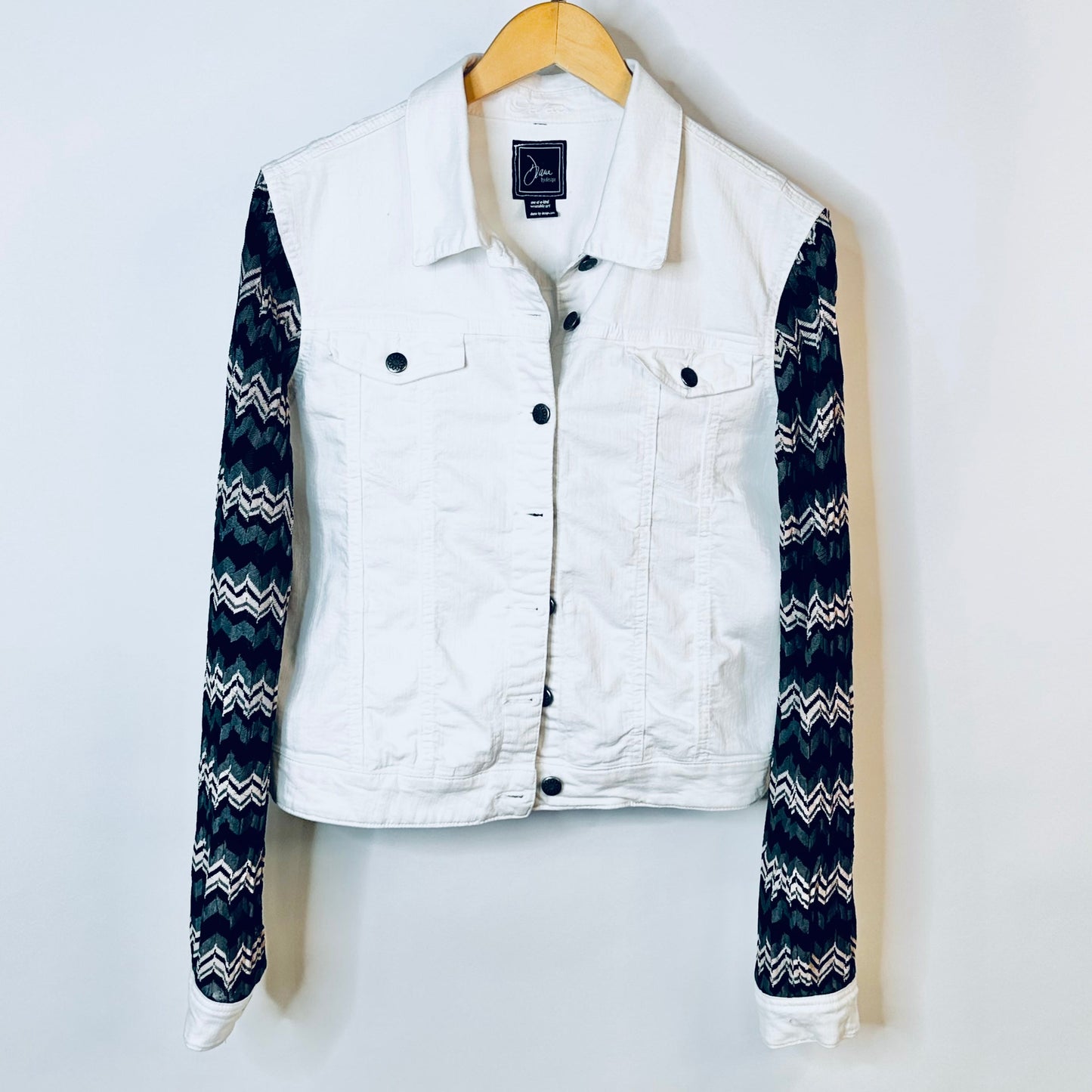 black + white zigzag vintage white denim jacket