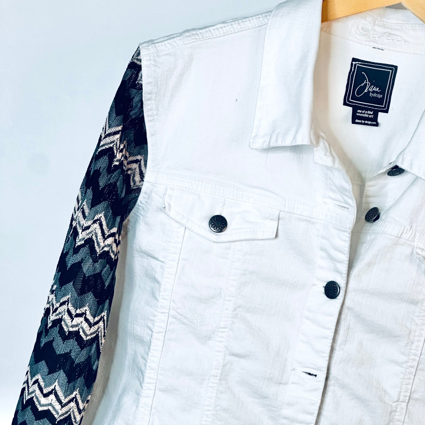 black + white zigzag vintage white denim jacket