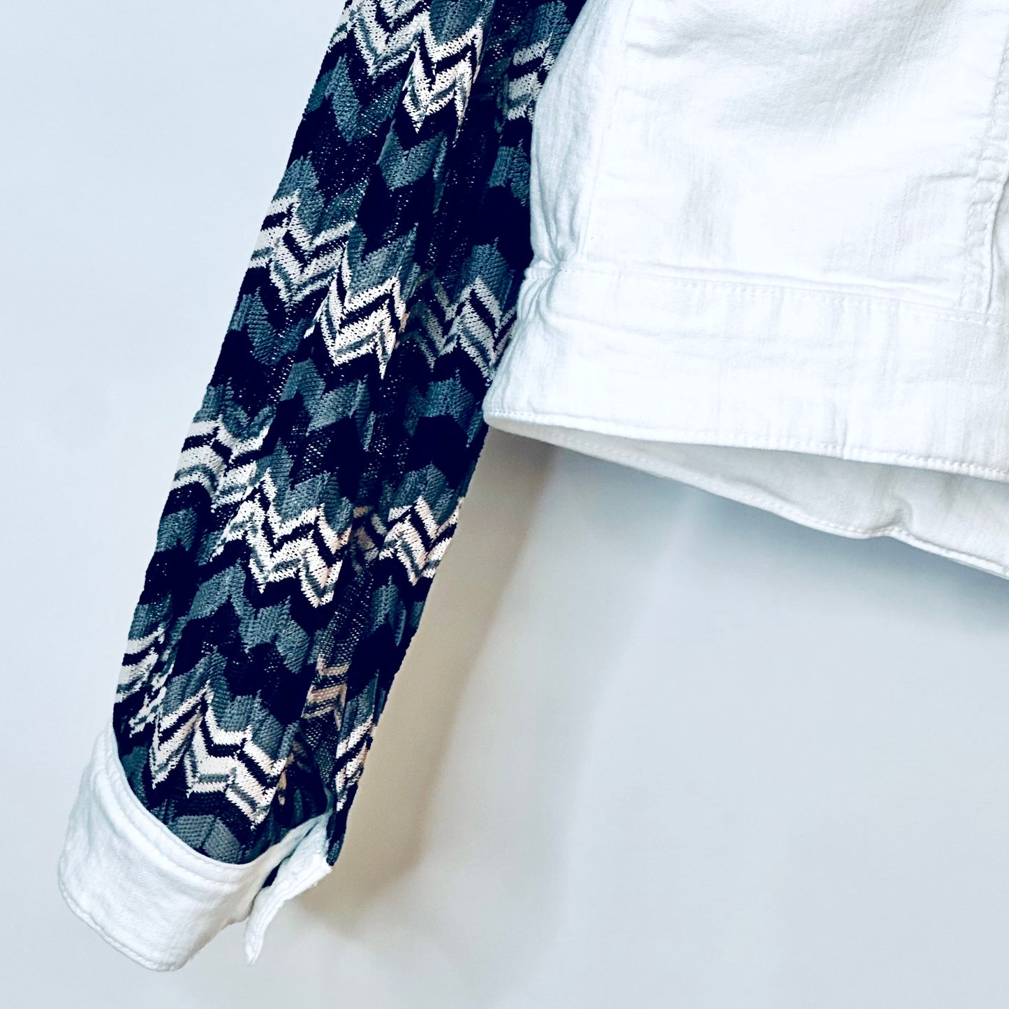 black + white zigzag vintage white denim jacket