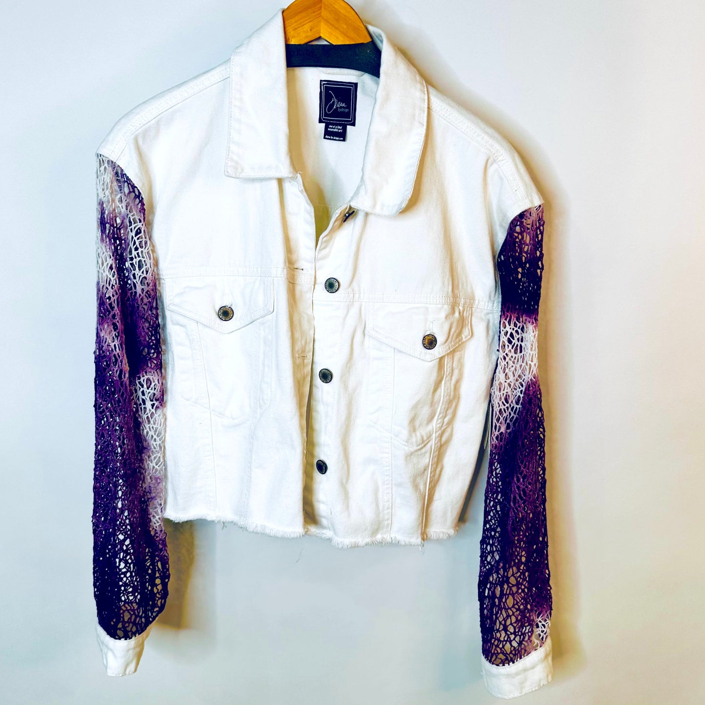 purple + white tie dye lace white denim jacket