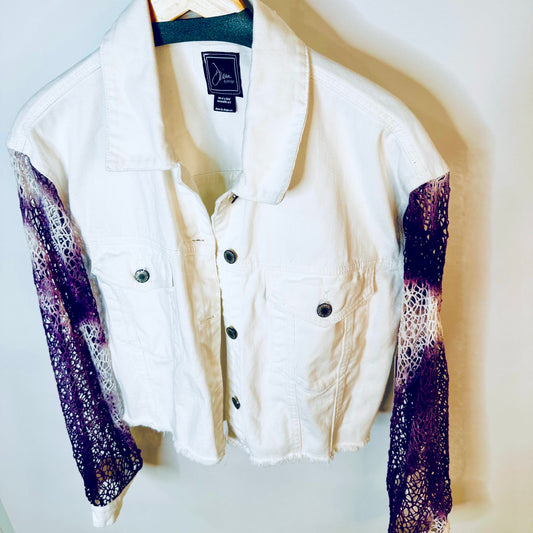 purple + white tie dye lace white denim jacket