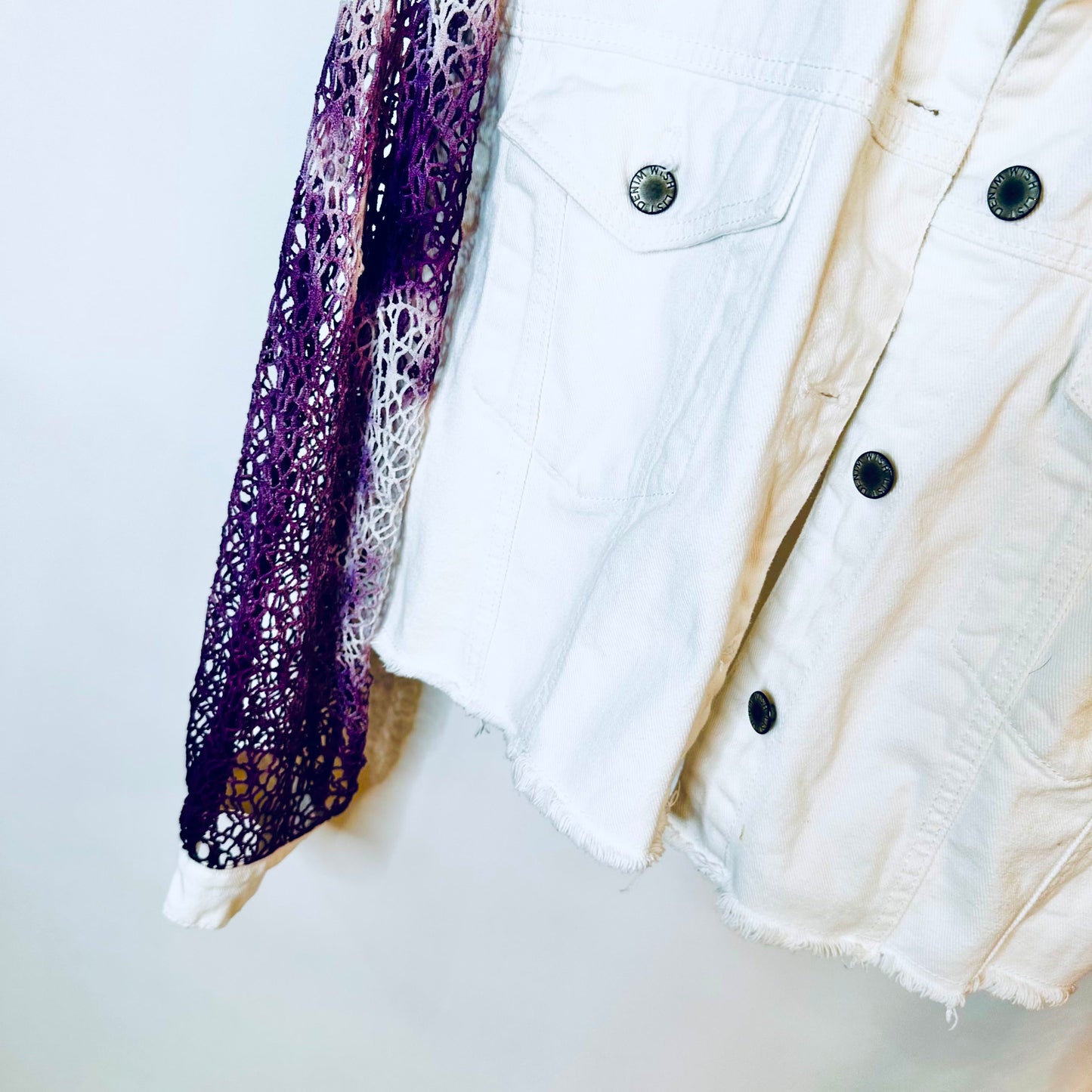 purple + white tie dye lace white denim jacket