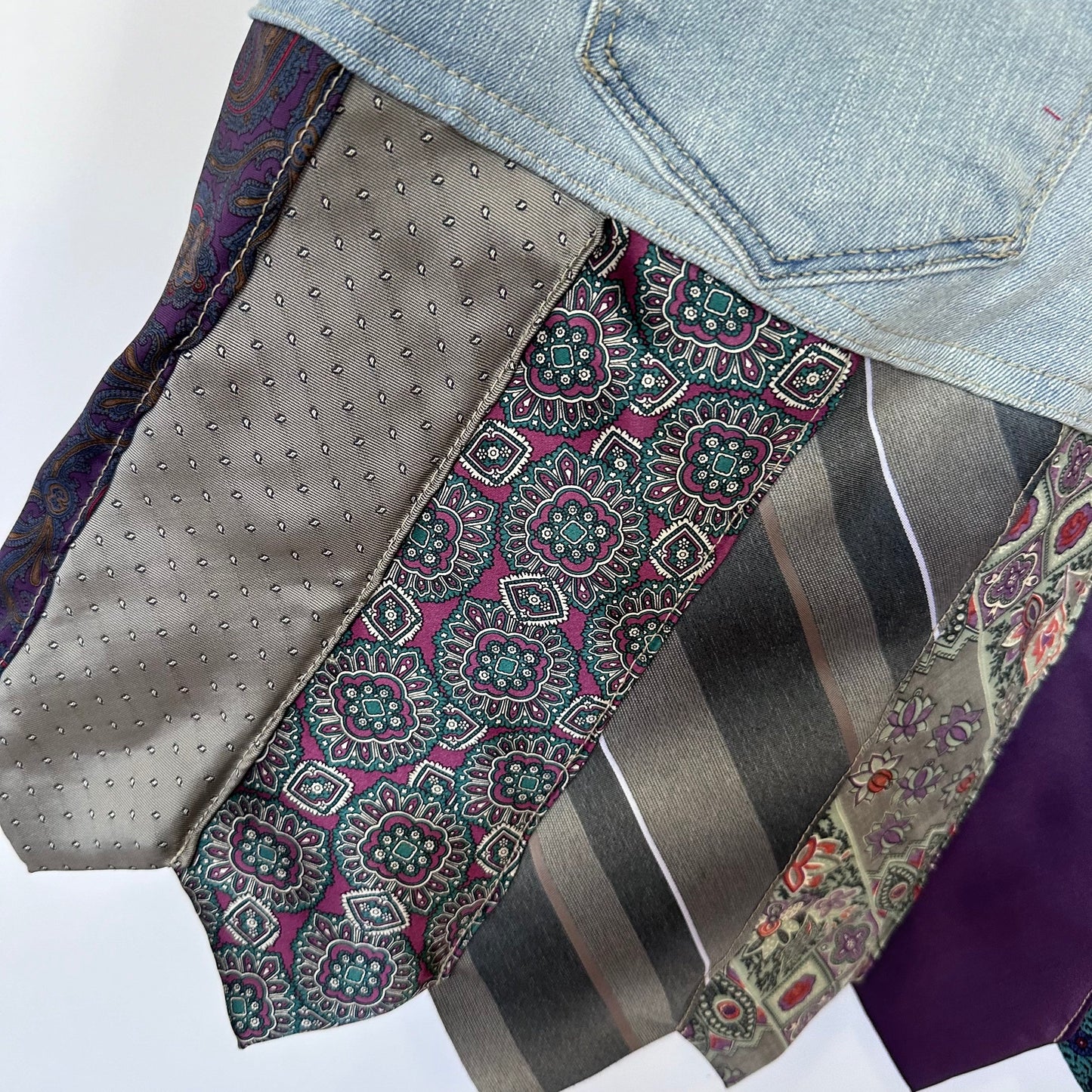 distress denim meets purple power tie skirt, (size 5)