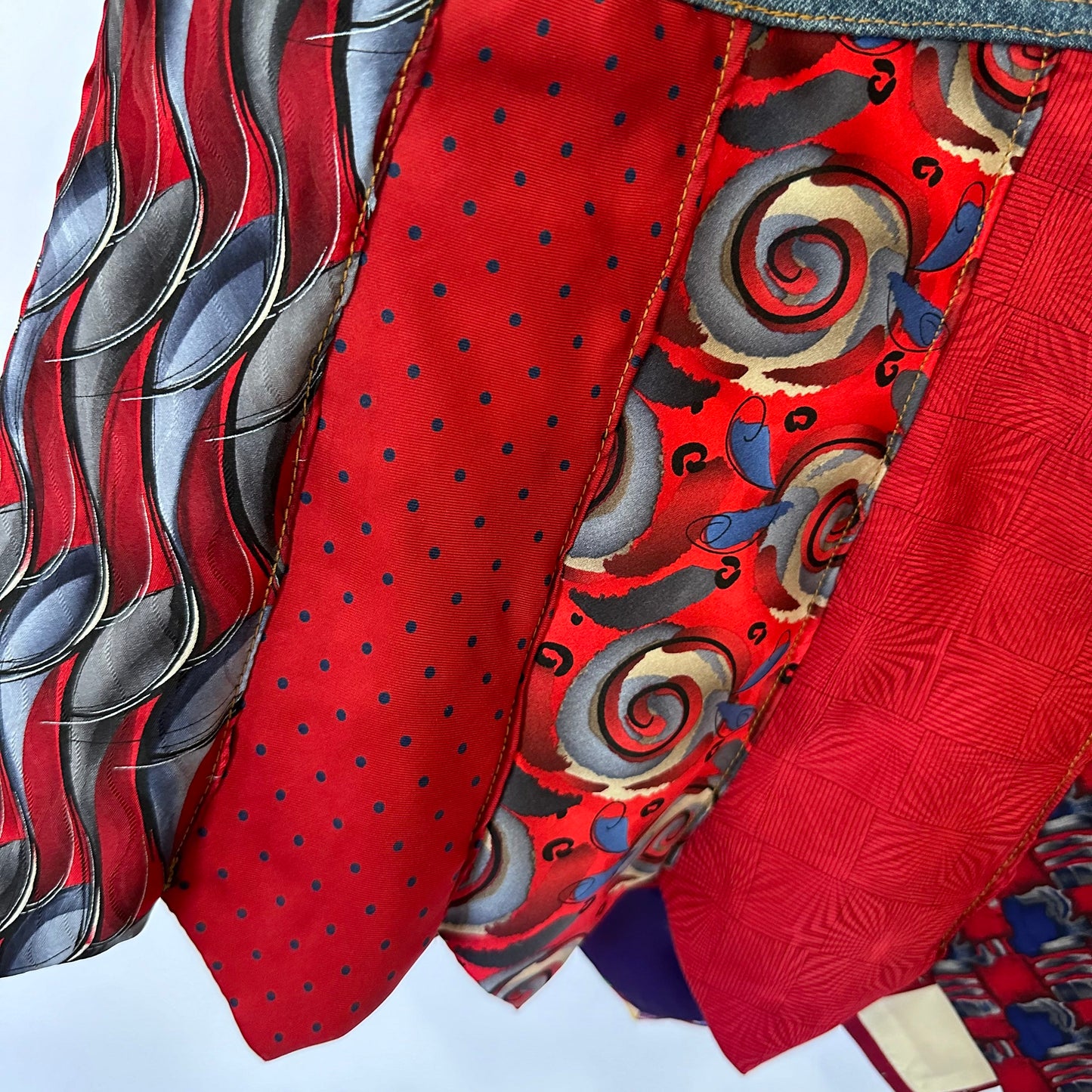 shades of reds denim + tie skirt, (size )