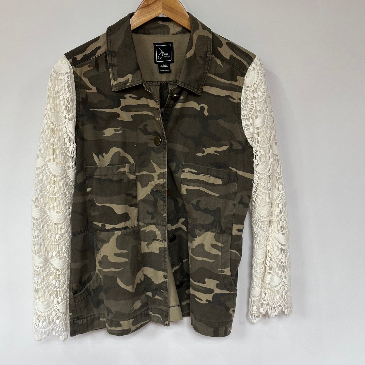 ivory lace + camo denim trench style jacket