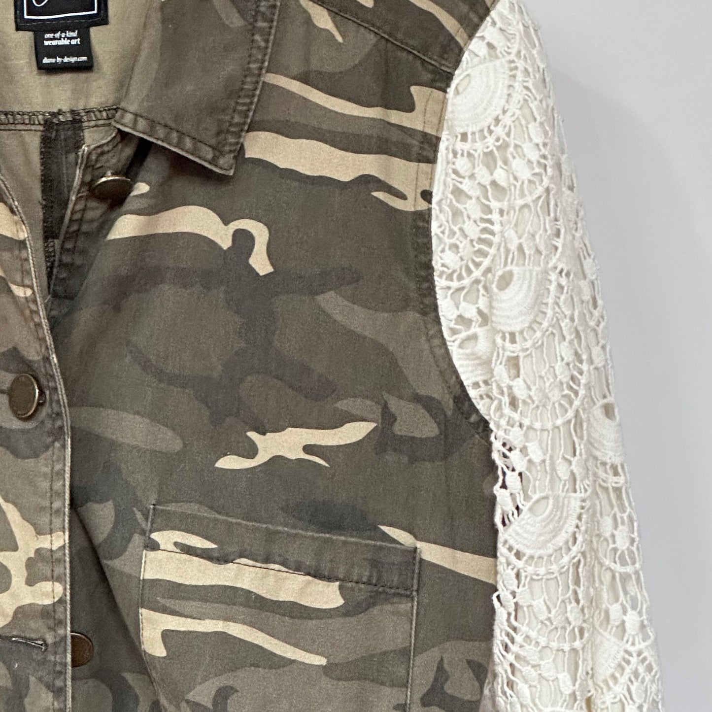 ivory lace + camo denim trench style jacket