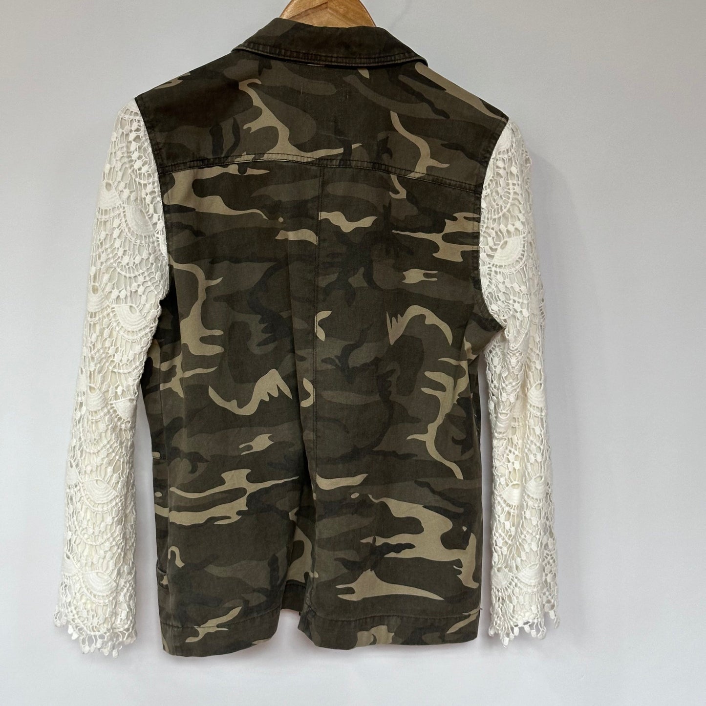 ivory lace + camo denim trench style jacket