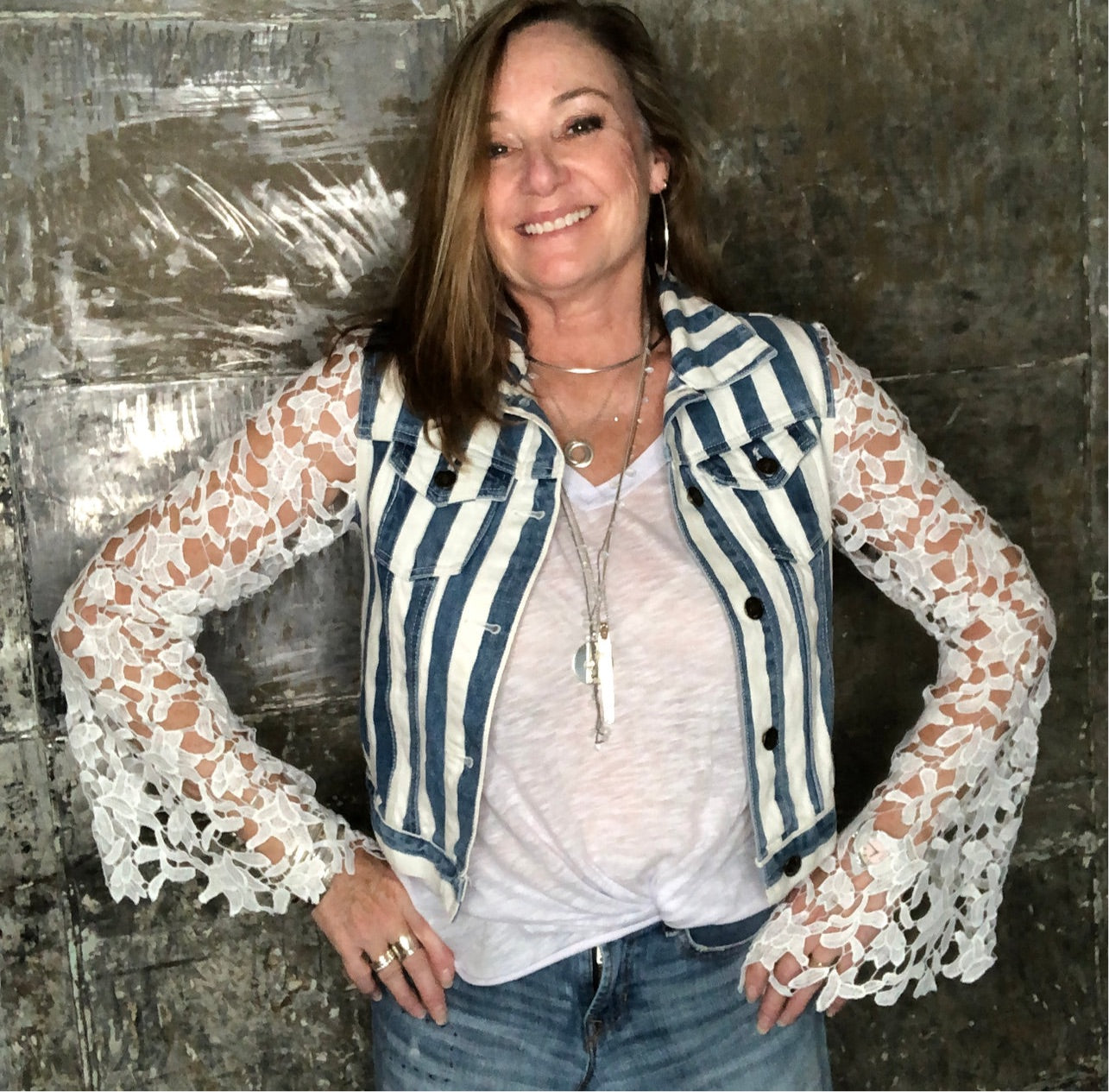 white lace +striped cropped denim jacket
