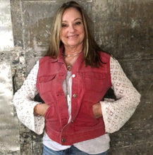 Load image into Gallery viewer, white lace + nantucket red denim jacket
