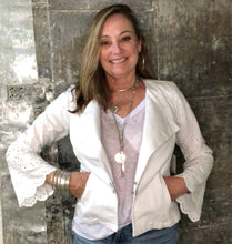 Load image into Gallery viewer, eyelet bells + feminine tailored white denim jacket
