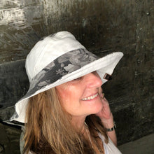 Load image into Gallery viewer, fun gray floral + white denim reversible sun hat
