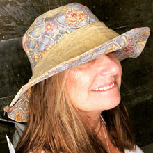 Load image into Gallery viewer, fun gray floral + gold embossed denim reversible sun hat
