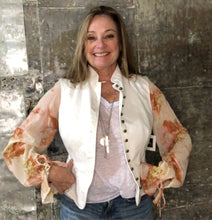 Load image into Gallery viewer, feminine tailored floaty sleeve + white denim jacket
