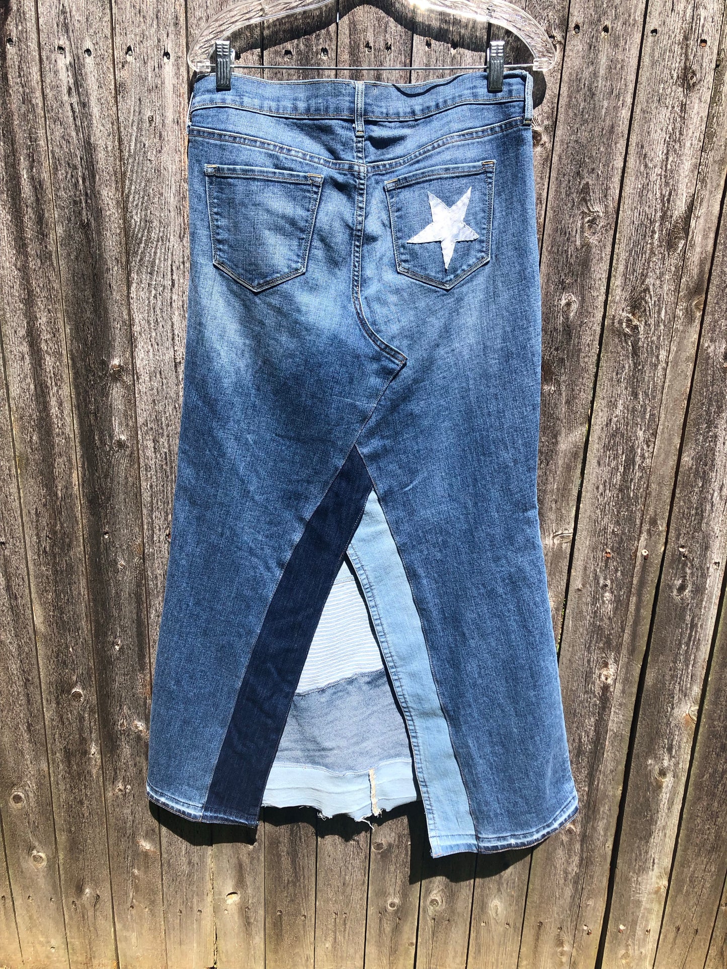 patch distressed denim maxi skirt, (size 30)