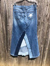 Load image into Gallery viewer, patch distressed denim maxi skirt, (size 30)
