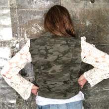 Load image into Gallery viewer, vintage crochet lace + subtle deep olive camo jacket
