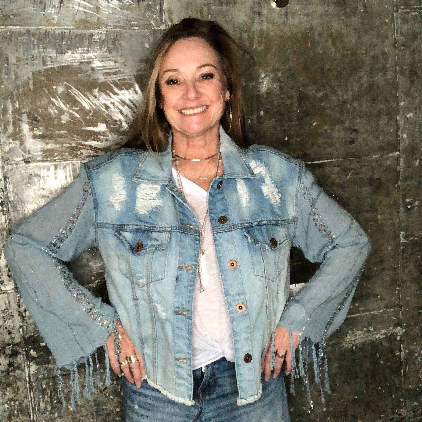 powder blue textured fringed bell + distressed boxy jacket