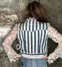 Load image into Gallery viewer, white lace +striped cropped denim jacket
