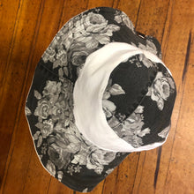 Load image into Gallery viewer, fun gray floral + white denim reversible sun hat
