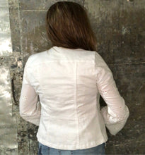 Load image into Gallery viewer, eyelet bells + feminine tailored white denim jacket
