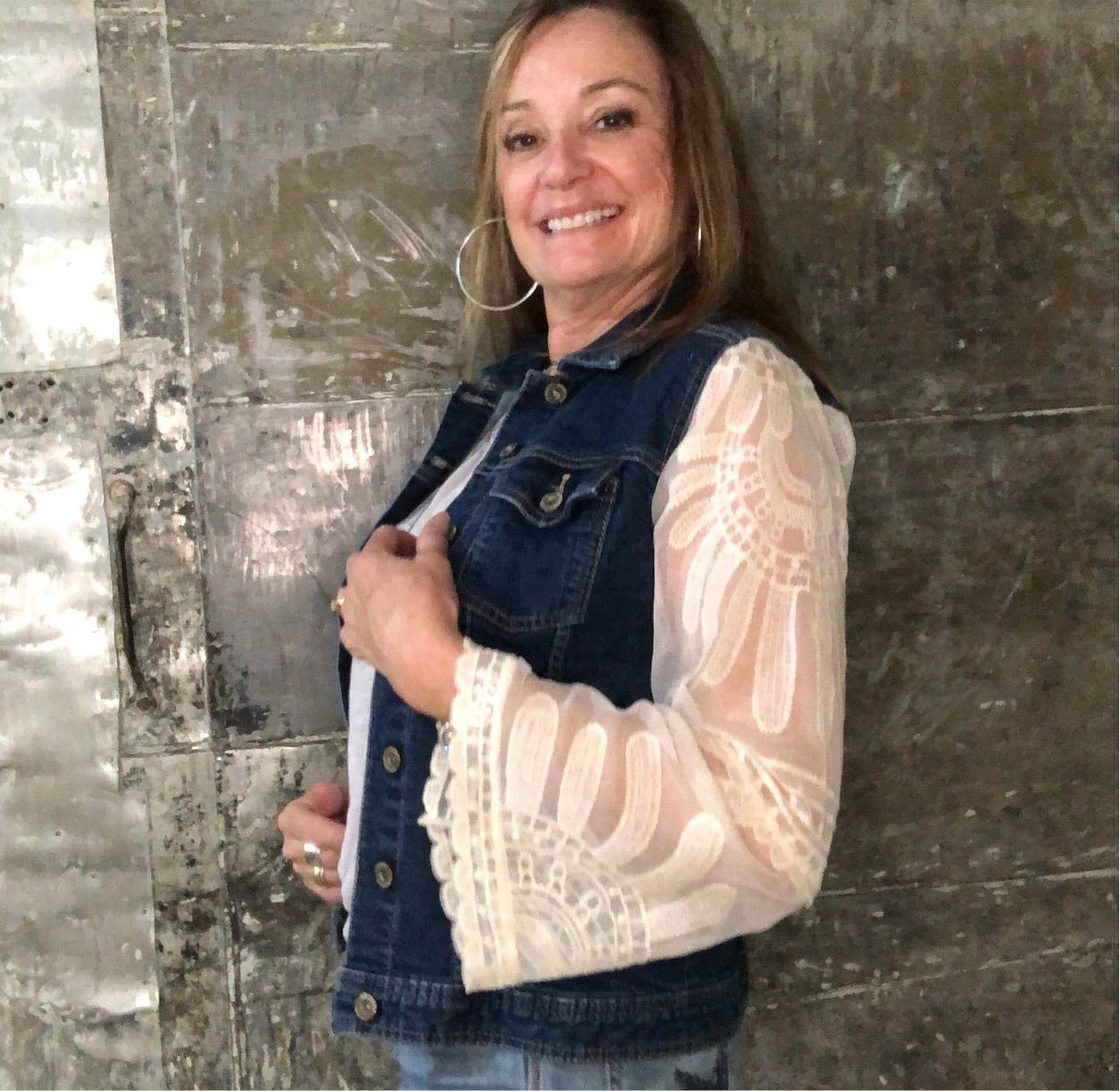 champaign floral lace + deep blue denim