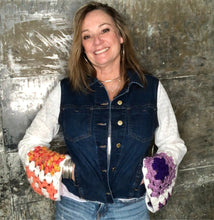 Load image into Gallery viewer, rag bottom blue + granny square denim jacket
