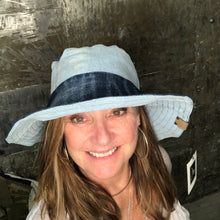 Load image into Gallery viewer, fun shades of blue denim reversible sun hat
