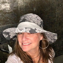 Load image into Gallery viewer, fun gray floral + white denim reversible sun hat

