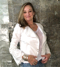 Load image into Gallery viewer, eyelet bells + feminine tailored white denim jacket
